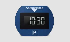 Digitale Parkscheibe mit Anzeige "Ankunftszeit" und "P"-Symbol. Diese Parkscheibe kostenlos nutzen, um die Parkzeit einzuhalten.