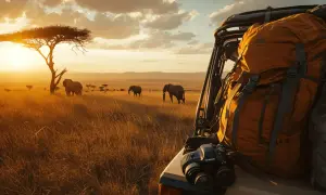 Safari-Fahrzeug mit Rucksack und Kamera im goldenen Licht der afrikanischen Savanne mit Elefanten.