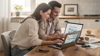 Ein Paar sucht online nach Last-Minute-Urlaubsangeboten. Sie entdecken flexible Reisedaten und planen ihren nächsten Trip.