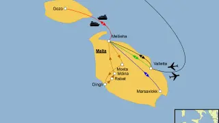 Karte zeigt, wo liegt Malta: die Inseln Malta, Gozo und Comino mit Städten wie Valletta, Mellieha, Rabat, Mdina, Mosta, Dingli und Marsaxlokk. Flug- und Fährverbindungen sind eingezeichnet.