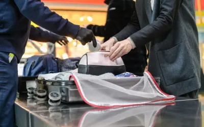 Sicherheitskontrolle am Flughafen: Medikamente werden aus einer Kosmetiktasche genommen, bevor das Gepäck in den Flugzeug-Container kommt.