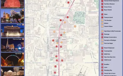 Karte von Las Vegas mit Sehenswürdigkeiten wie dem Sphere, Bellagio und dem High Roller. Die berühmte Las Vegas Strip ist markiert.