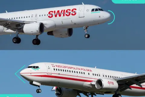 Zwei Flugzeuge, ein Airbus der Swiss und ein Boeing-Langstreckenflugzeug der polnischen Luftwaffe, fliegen nebeneinander.