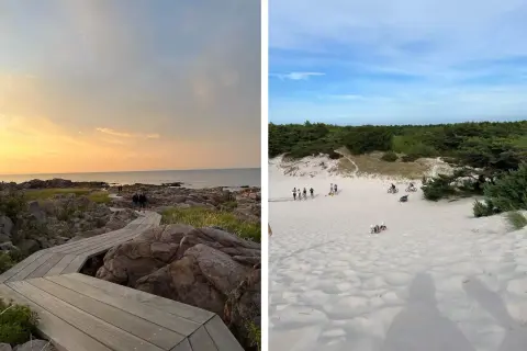 Ein malerischer Urlaub auf Bornholm: Holzstege führen über felsige Küsten und weite Sanddünen, ideal für Radtouren und Spaziergänge.