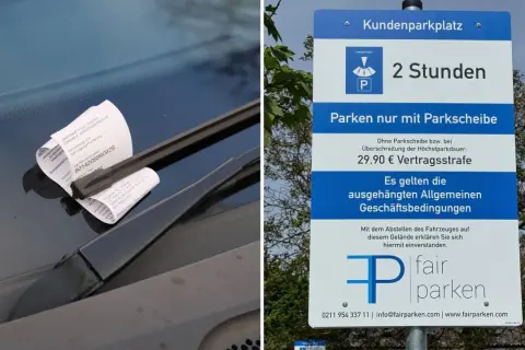 Strafzettel auf der Windschutzscheibe: Parken ohne Einkaufen auf dem Supermarkt-Parkplatz wird teuer. 2 Stunden Parkzeit mit Parkscheibe sind erlaubt.