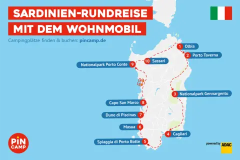 Karte einer Sardinien-Rundreise mit dem Wohnmobil, die wichtige Orte wie Olbia, Sassari und Cagliari markiert.