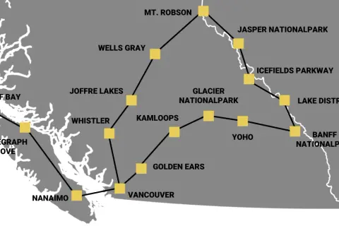Karte von British Columbia mit Reiseroute: San Josef Bay, Whistler, Vancouver, Banff Nationalpark – ideal für einen Urlaub in Kanada.