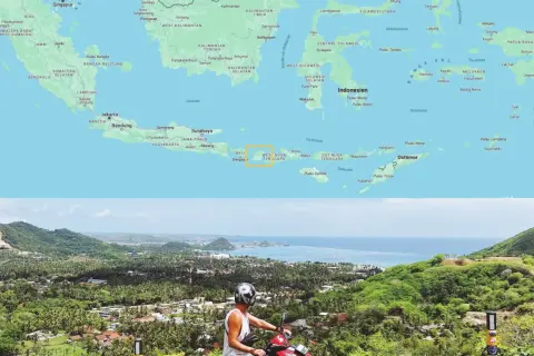 Mann auf Roller genießt den Ausblick auf eine tropische Küste. Ein Urlaub in Indonesien, der unvergesslich bleibt.