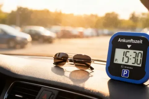 Sonnenbrille und elektronische Parkscheibe mit 15:30 Uhr auf dem Armaturenbrett. Mögliche Nachteile: Batteriewechsel, technische Defekte.