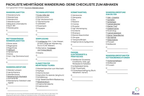 Packliste Wanderurlaub: Wanderschuhe, Wanderhose, Wandershirt, Wandersocken, Wanderjacke, Trinkflasche, Wanderrucksack, Regenschutz, Wanderkarte, Hüttenschlafsack.