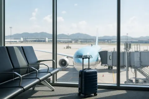 Wartebereich am japan flughafen mit einem blauen Koffer und Flugzeug vor dem Fenster.