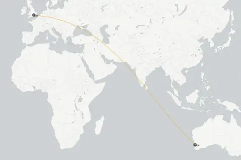 Flugroute von London nach Perth, Australien. Ein langer Direktflug über Kontinente und Ozeane.