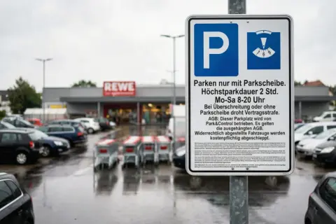 Schild: Parken nur mit Parkscheibe, Höchstparkdauer 2 Std. Mo-Sa 8-20 Uhr. Autos parken auf nassem Parkplatz vor Rewe.