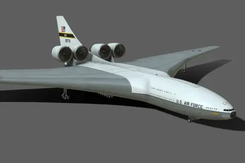 Ein futuristisches U.S. Air Force Flugzeug mit vier Triebwerken. Die Frage "wie lang ist ein flugzeug" wird hier durch die imposante Größe des Modells beantwortet.