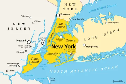 Karte von New York City mit den Flughäfen LaGuardia, JFK und Newark Liberty.