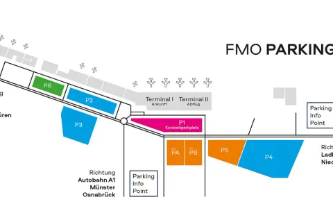 Plan für FMO PARKING: Parkplätze P1-P6, Kurzzeitparkplatz, Info Points. Ideal für fmo parken ohne reservierung.