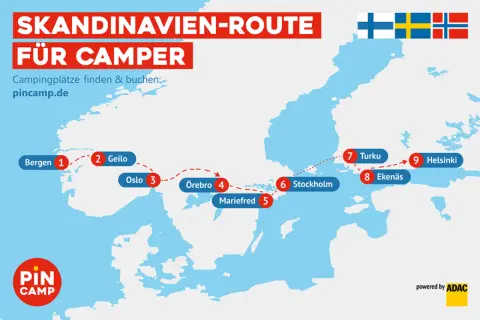Karte zeigt eine SKANDINAVIEN-ROUTE für Camper, mit Stationen von Bergen über Stockholm bis Helsinki.
