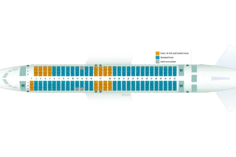 Sitzplan für tuifly: orange Sitze sind XL/Komfort, blau sind Standard. Kostenlose Sitzplatzreservierung ist hier möglich.
