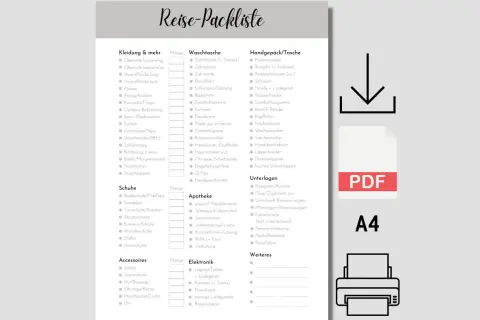 Reise-Packliste zum Ausdrucken: Kleidung, Schuhe, Accessoires, Waschtasche, Handgepäck, Apotheke, Elektronik, Unterlagen & mehr.
