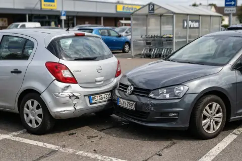 Zwei Autos sind an einem Unfall auf einem Parkplatz beteiligt. Der silberne Opel hat einen stark beschädigten Stoßfänger, der graue VW hat vorne eine Delle.