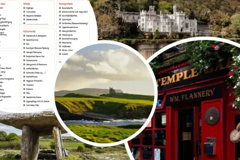 Packliste Irland: Dokumente, Kleidung, Schuhe, Kulturbeutel, Reiseapotheke. Dazu Bilder von Schlössern, grünen Hügeln und einem Pub.