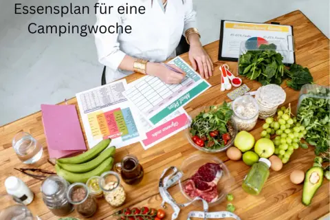 Essensplan für eine Campingwoche mit frischen Lebensmitteln und einer Liste zur Planung.