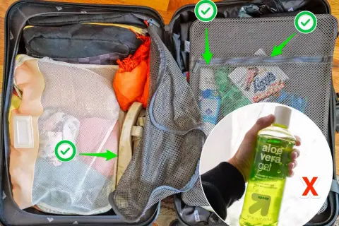 Packliste Kreuzfahrt: Koffer mit Kleidung und Kosmetik. Aloe Vera Gel ist nicht erlaubt.