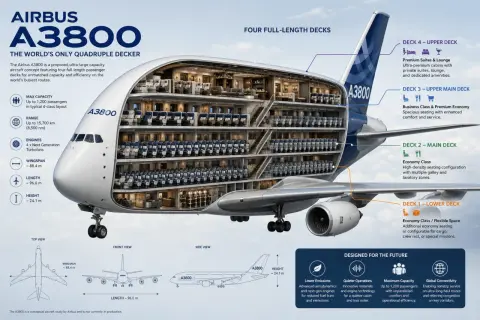 Der Airbus A3800 als Privatjet-Konzept mit vier Decks, Luxussuiten und Platz für 1.200 Passagiere.