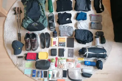 Jakobsweg Packliste: Rucksack, Wanderschuhe, Kleidung, Trinkflasche, Wanderstöcke, Hygieneartikel und Verpflegung für eine Pilgerreise.