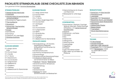 Packliste Strandurlaub: Checkliste für Kleidung, Hygieneartikel, Technik und mehr. Ideal für deine Reiseplanung.