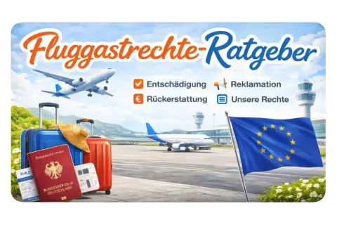 Flug verpasst? Was tun? Der Ratgeber zeigt: Entschädigung, Rückerstattung, Reklamation und unsere Rechte. Mit Koffer, Pass und EU-Flagge am Flughafen.