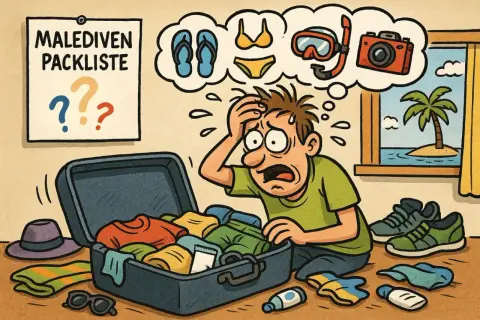 Verzweifelter Mann packt für die Malediven. Seine Packliste ist voller Fragezeichen. Badehose, Flip-Flops und Schnorchelset sind im Traum zu sehen.
