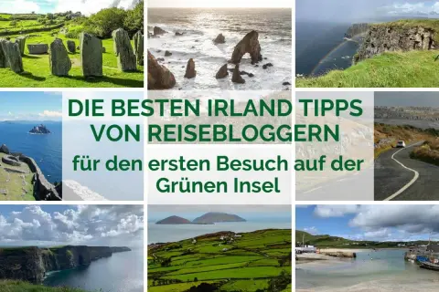 Collage mit Irland-Impressionen: Steinkreise, Küsten, Regenbogen, grüne Hügel. Perfekt für deinen ersten Irland Urlaub!