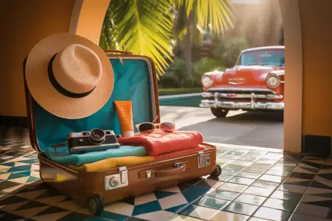 Packliste Kuba: Koffer mit Hut, Kamera, Sonnencreme, Sonnenbrille und Kleidung. Ein Oldtimer steht bereit.