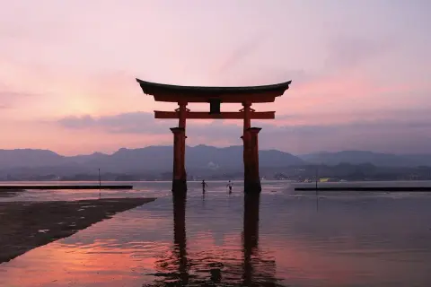 Ein rotes Torii-Tor im Wasser bei Sonnenuntergang. Ein unvergesslicher Moment auf einem Japan Urlaub.