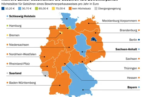 Karte zeigt, was kostet falschparken auf Anwohnerparkplatz: Gebühren für Bewohnerparkausweise in Euro, je nach Bundesland.