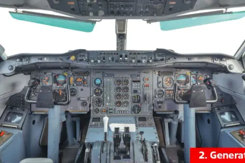 Das Cockpit eines Flugzeugs der 2. Generation, gefüllt mit zahlreichen Anzeigen und Hebeln, die für die Steuerung unerlässlich sind.