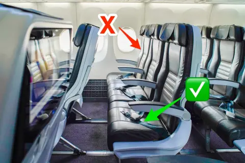Flugzeugkabine mit Sitzreihen. Ein rotes X markiert einen Sitzplatz, ein grüner Haken einen anderen. Sitzplatz A ist hier nicht zu sehen.