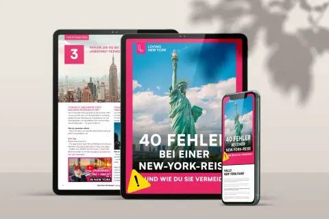 Digitale Geräte zeigen Tipps für einen USA Urlaub in New York. Die Freiheitsstatue und das Empire State Building sind zu sehen.