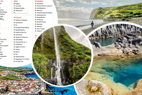 Packliste Azoren: Von Kleidung über Schuhe bis zur Reiseapotheke – alles für deinen Traumurlaub auf den Azoren. Inklusive Bilder von Wasserfall, Strand und Felsenpool.