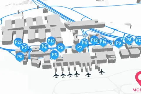 Übersichtskarte des Stuttgarter Flughafens mit Parkplätzen P0-P26. Hier finden Sie Ihre Stuttgart Flughafen P14 Erfahrungen.