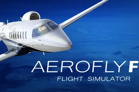 Ein weißer Jet fliegt über den Wolken. Der Schriftzug "AEROFLYFS FLIGHT SIMULATOR" deutet auf spannende **Spiele im Flugzeug** hin.