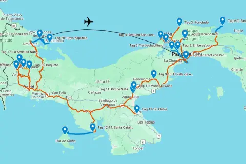 Reiseroute für einen Panama Urlaub: Von Bocas del Toro über David und Boquete bis nach Panama City und Isla de Coiba.