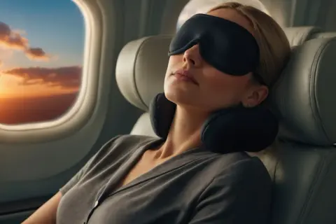 Frau schläft im Flugzeug mit Schlafmaske und Nackenkissen. Die Sonne geht unter und malt den Himmel in warmen Farben. Perfekt für die reise checkliste: Entspannung!