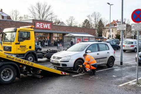 Ein Abschleppwagen des ADAC bereitet das Abschleppen eines falsch geparkten Autos vor. Einspruch gegen das Abschleppen ist hier zwecklos.