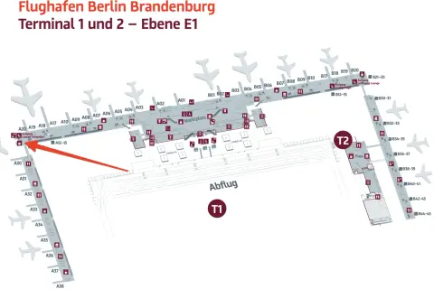 Plan des Flughafens Berlin Brandenburg, Ebene E1. Zeigt Gates A und B sowie den Weg zur Priority Pass Lounge Berlin.