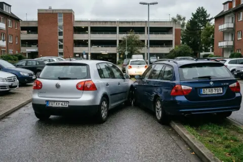 Zwei Autos stoßen auf einem Parkplatz zusammen. Ein blauer BMW hat Kratzer, der silberne VW steht daneben. Parkplatz Unfall immer Teilschuld.