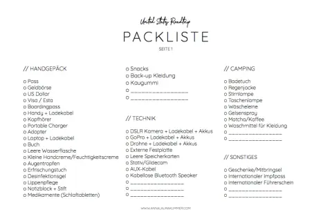 Packliste USA: Handgepäck, Technik, Camping & Sonstiges. Alles für den Roadtrip dabei!