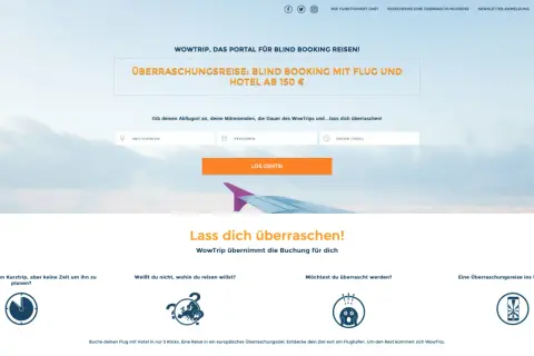 Wowtrip: Portal für Blind Booking Reisen. Überraschungsreise mit Flug & Hotel ab 150€. Gib Abflugort, Personen & Dauer an. Lass dich überraschen!