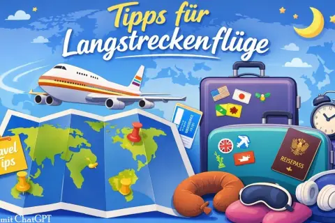 Flugzeug, Koffer, Karte & Reiseutensilien für einen langen Flug ohne Zwischenlandung. Tipps für Langstreckenflüge.